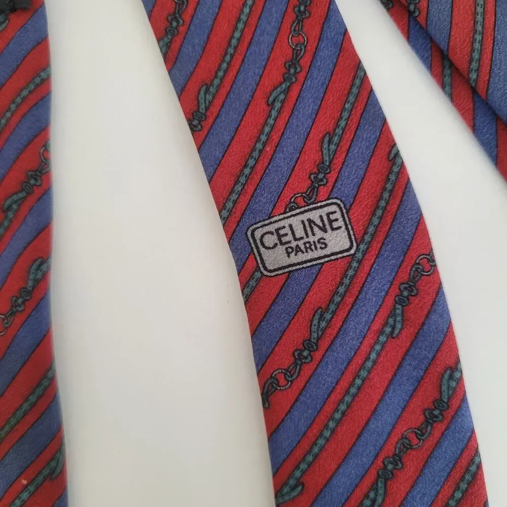Celine Men's Neck Tie Made In Spain Designer‎ Silk Blue Red Stripped Ropes